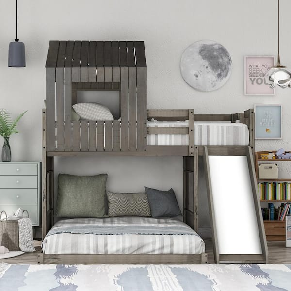 Playhouse Style Antique Gray Wooden Twin Over Full Bunk Bed with Ladder,Slide and Guardrails(78.7 in. W x 82.3 in. H)