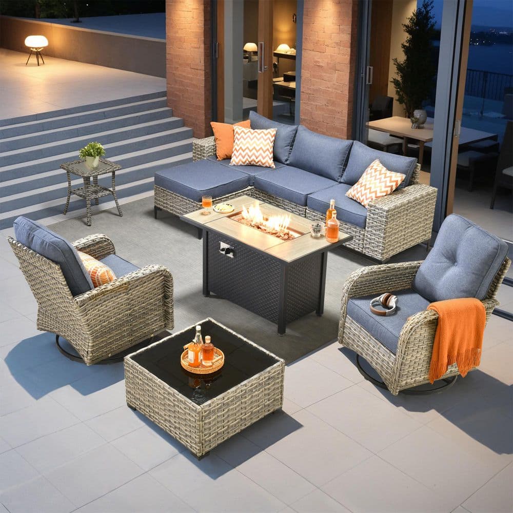 Puro 9 Pieces Wicker Outdoor Patio Rectangular Fire Pit Set and Swivel Rocking Chairs with Denim Blue Cushions