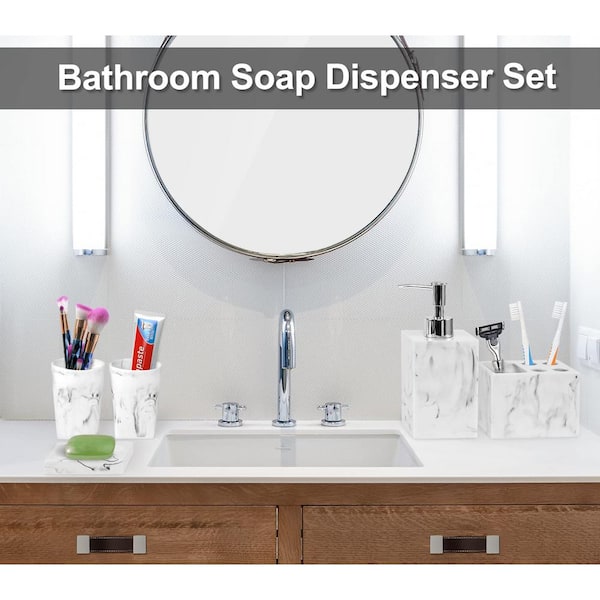 Set of authentic bathroom countertop accessories in glossy gray concrete, electric toothbrush holder, soap holder,