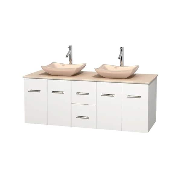 Wyndham Collection Centra 60 in. Double Vanity in White with Marble Vanity Top in Ivory and Sinks