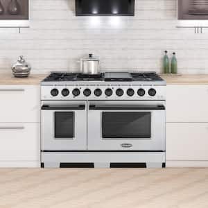 48 in. 5.5 cu. ft. Gas Range with 8 Burners & Cast Iron Grates in Stainless Steel with Black Custom Handle and Knob Kit