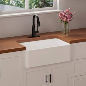 30 in. Apron Front Sink, Single Bowl Farmhouse Kitchen Sink, White Fireclay Apron Sink with Strainer and Bottom Grid