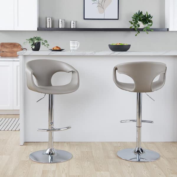 Curva 32.5 in. Light Grey Faux Leather and Chrome Metal Adjustable Bar Stool with Rounded T Footrest (Set of 2)