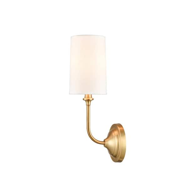 Giselle 1-Light Satin Gold Wall Sconce with Off-White Cotton Fabric Shade