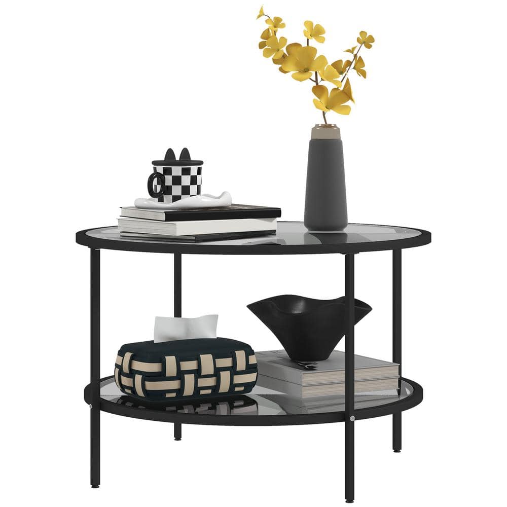 Black Round Metal Side Table with Tempered Glass Shelves