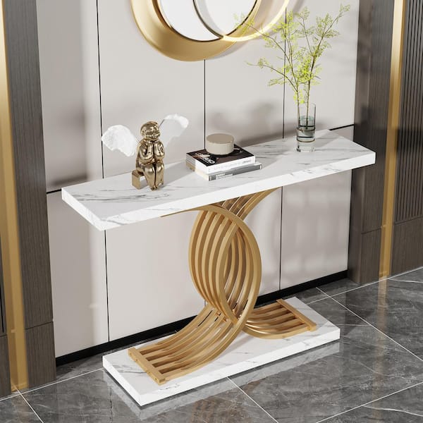 Tribesigns Catalin 40 In White Rectangle Wood Console Table Modern Sofa With Geometric Frame