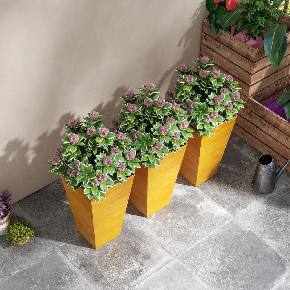 Set of 3 Light Brown Tall Faux Wood Outdoor Planters
