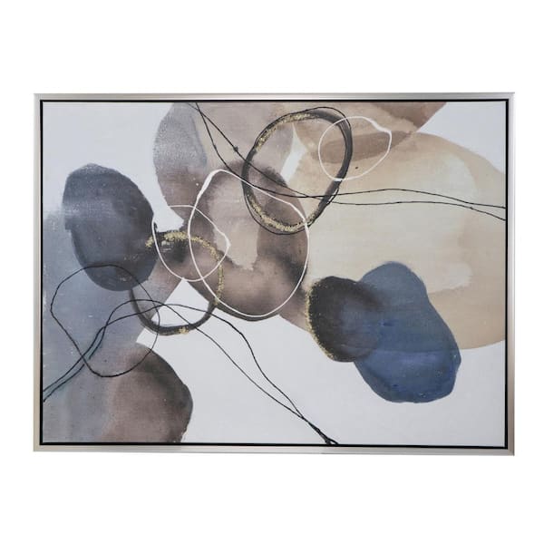 Benjara White, Blue, Brown and Black Wooden Framed Abstract Watercolor Wall Art