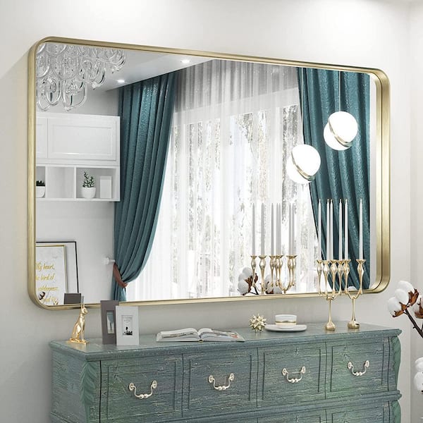 HOMLUX 55 in. W x 36 in. Rectangle Wall Mirror Bathroom Vanity Mirror in Gold Modern Brushed Metal Framed