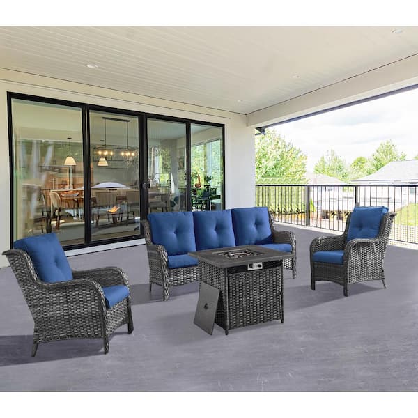ArcoBay 4-Piece Gray Wicker Patio Square Fire Pit Conversation Set with Navy Blue Cushions and Sofa Set