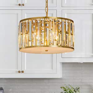 16 in. 6-Light Mid-Century Modern Drum Chandelier with Crystals in Matte Gold Adjustable Height for Dining Room