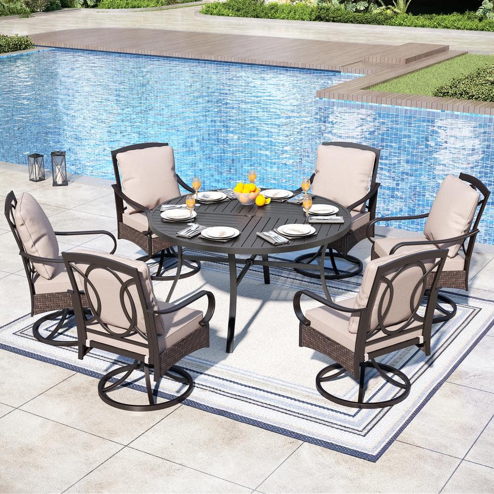 7-Piece Metal Patio Outdoor Dining Set with Beige Cushions and 54 in. Round Dining Table price history on PriceWatchPro