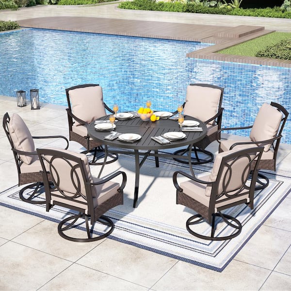 PHI VILLA 7-Piece Metal Patio Outdoor Dining Set with Beige Cushions and 52 in. Round Dining Table