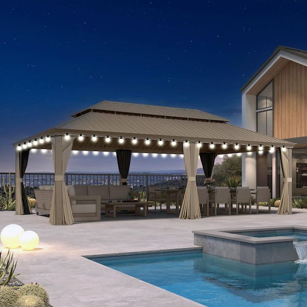 14 ft.x 24 ft.Champagne Luxury Aluminum Frame Hardtop Gazebo for Patio Backyard Netting Hooks Upgraded Curtain 48-Lights