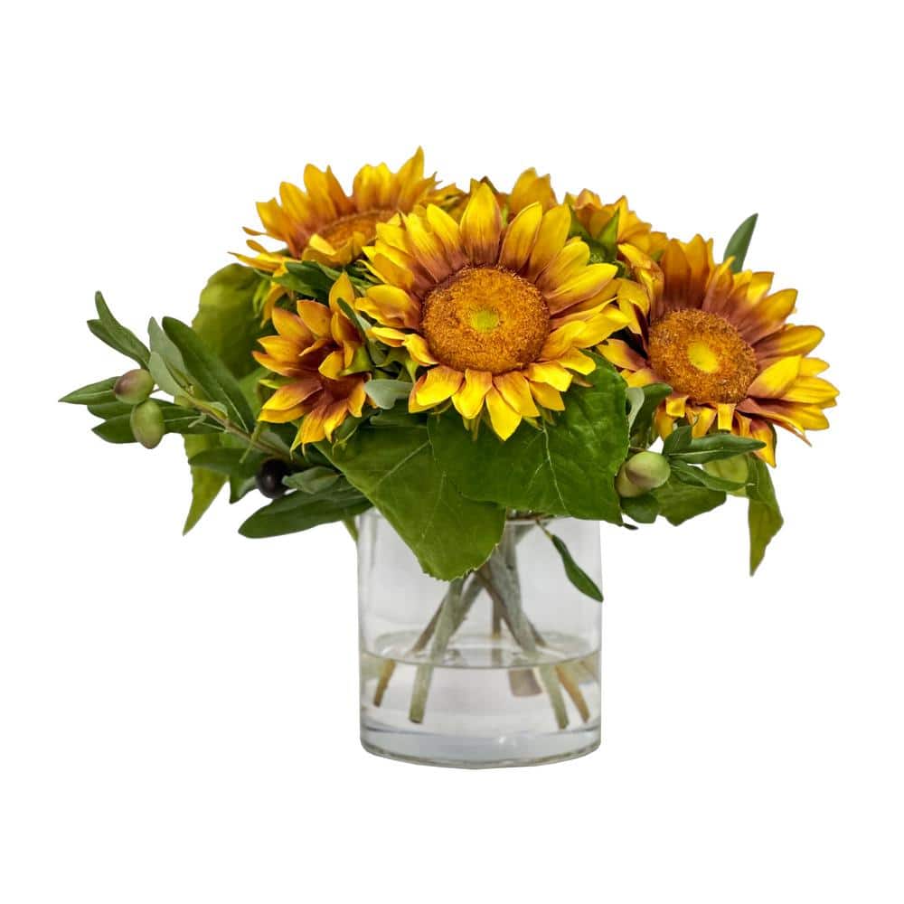 11 in. Yellow Indoor Artificial Sunflower in Cylinder