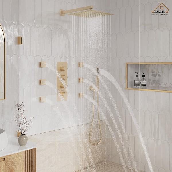 Luxury 3-Spray 12 in. 2.5 GPM Wall Mount Dual Shower Head and Handheld Shower Head with 6-Body Jets in Brushed Gold