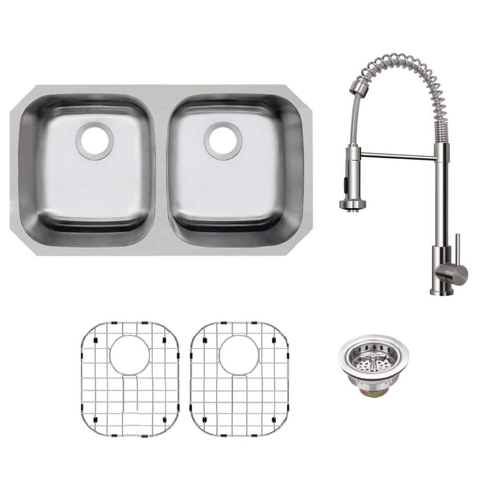 32 in. Undermount 50/50 Double Bowl 16-Gauge Stainless Steel Kitchen Sink with Pull Down Sprayer Industrial Style Faucet price history on PriceWatchPro