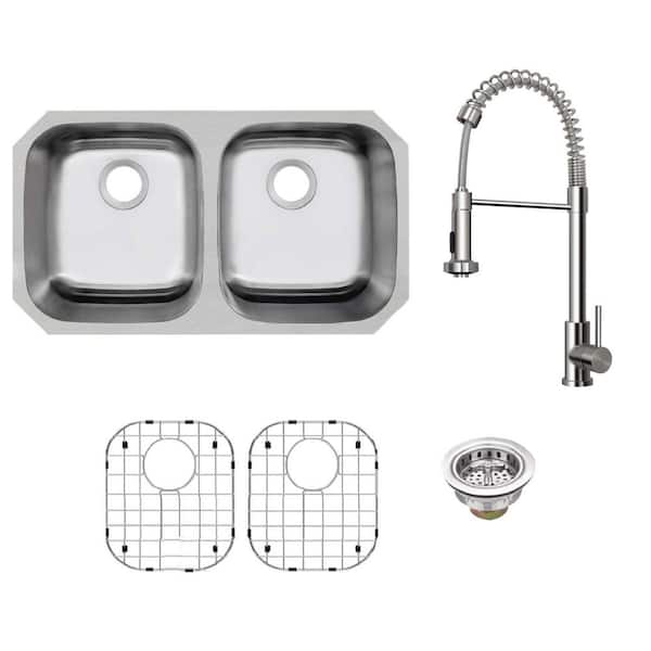 32 in. Undermount 50/50 Double Bowl 16-Gauge Stainless Steel Kitchen Sink with Pull Down Sprayer Industrial Style Faucet