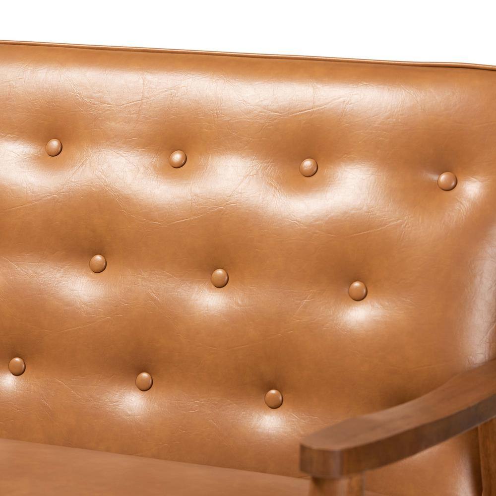 Mid-Century Walnut Brown Tufted Faux Leather Sofa