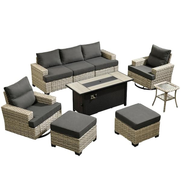 Kelleys 9-Piece Wicker Outdoor Patio Fire Pit Conversation Sofa Furniture Set with Swivel Chairs and Black Cushions