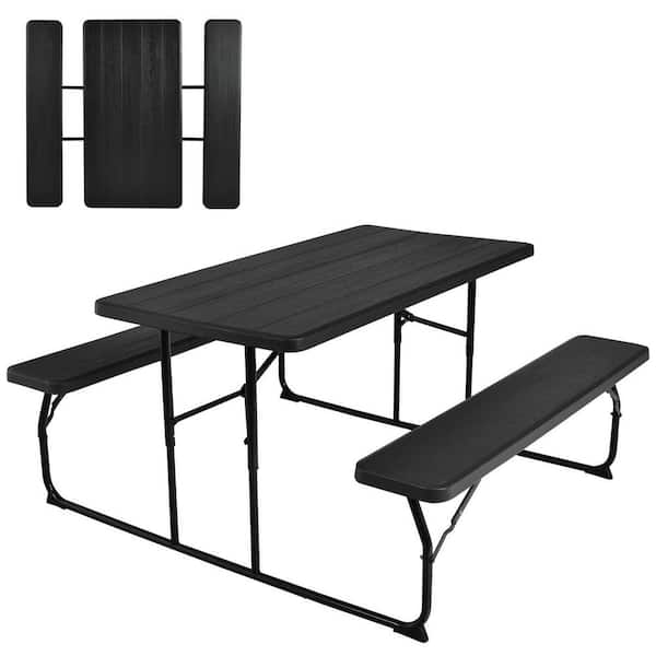 FORCLOVER 1-Piece HDPE Folding Picnic Table Bench Set with Wood-Like Texture in Black