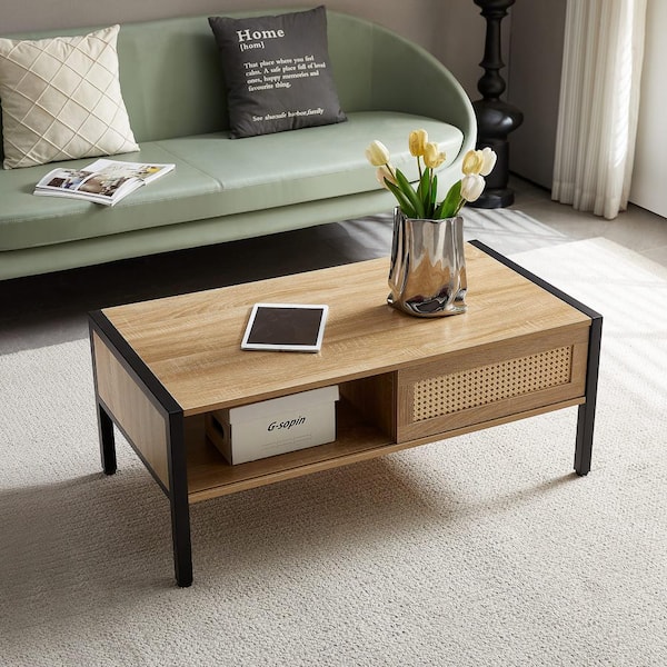 Zeus & Ruta 40.16 in. Rattan Coffee Table in Natural, Sliding Door For Storage, Metal Legs, Modern Table For Living Room