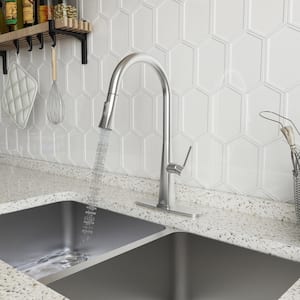 Kitchen Sink Faucet Pull Out Sprayer Mixer Tap Kitchen Faucet with Deckplate in Brushed Nickel