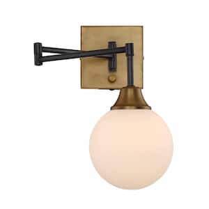 6 in. W x 19.25 in. H 1-Light Oil Rubbed Bronze with Natural Brass Wall Sconce with White Opal Orb Glass Shade