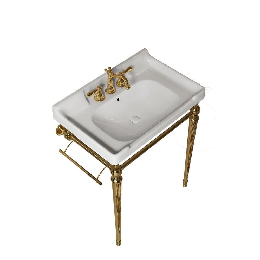28 in. Rectangle Vitreous China Vessel Sink 18.5 in. in White with Overflow Drain and Gold Stainless Steel Legs product image for price tracking