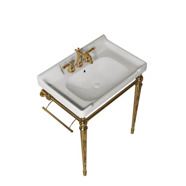 28 in. Rectangle Vitreous China Vessel Sink 18.5 in. in White with Overflow Drain and Gold Stainless Steel Legs