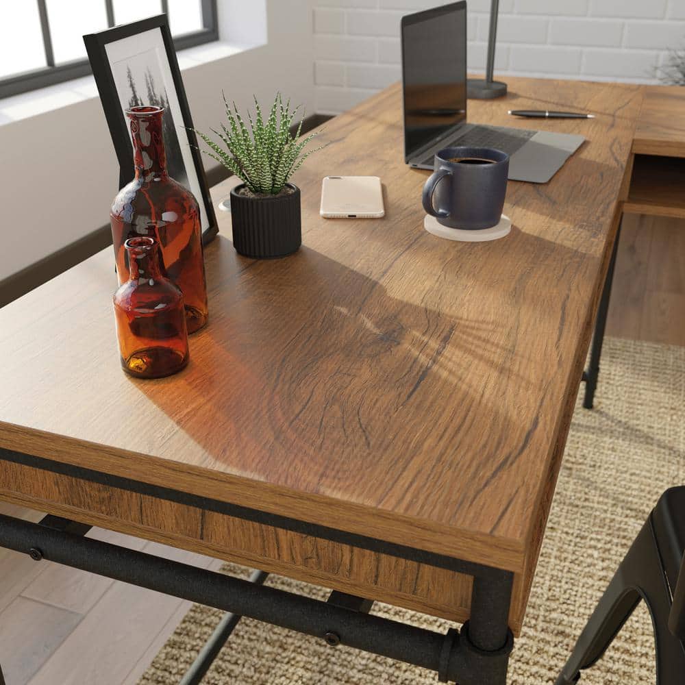 Brown Wood L-Shaped Computer Desk with Drawer and Filing Cabinet