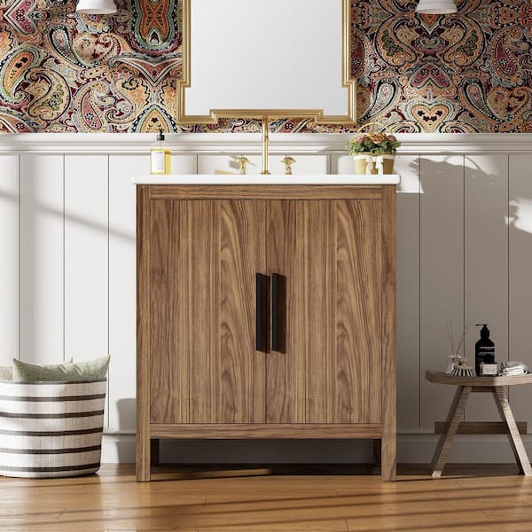 30 in. Single Sink Freestanding Brown Solid Wood Frame Bath Vanity with White Ceramic Top, Unassembled