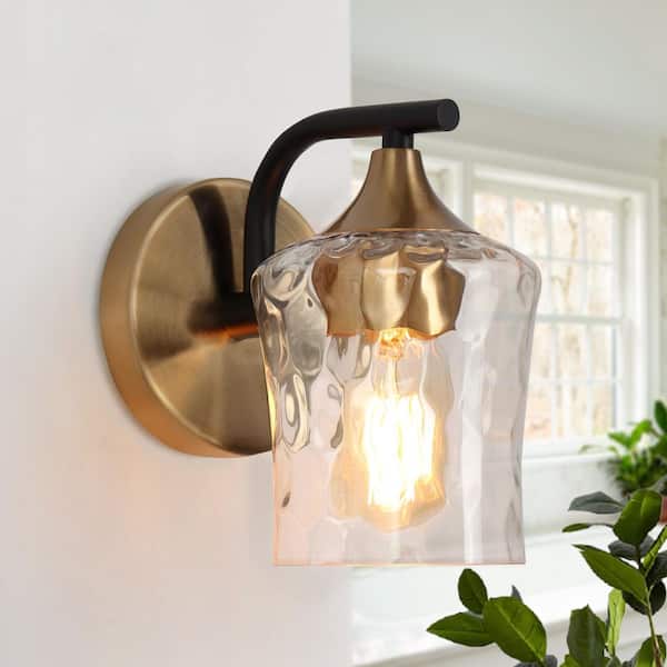 Jallie Classic 1-Light Brass Gold Water Glass Wall Sconce, Contemporary Cylinder Vanity Light Black Wall Light