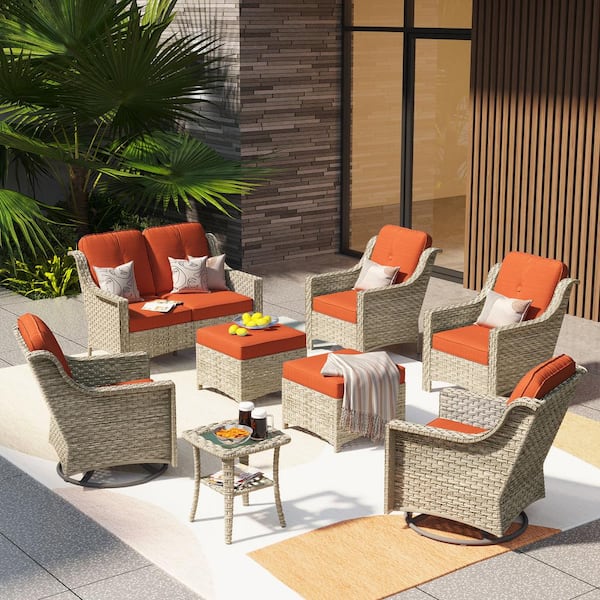 weaxty W Tulip J Gray 8-Piece Wicker Patio Outdoor Conversation Sofa Set with Swivel Rocking Chairs and Orange Red Cushions