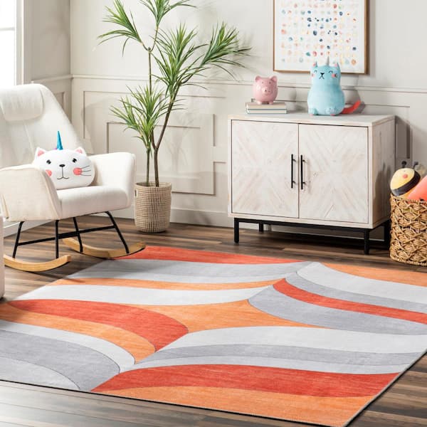Ilana Machine Washable Orange 3 ft. x 5 ft. Doormat Abstract Area Rug