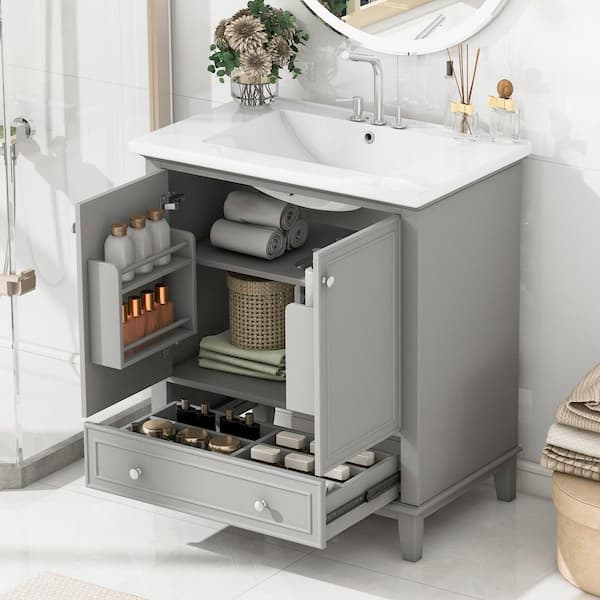 30 in. W x 18 in. D x 35 in. H Single Sink Freestanding Bath Vanity in Gray with White Ceramic Top