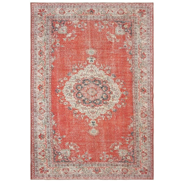 AVERLEY HOME Savannah Red/Grey 8 ft. x 10 ft. Distressed Medallion Area Rug