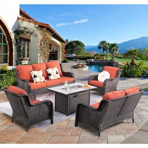 Daydreamer 5-Piece Wicker Patio Fire Pit Set with Rectangular Orange Red Cushions