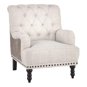 Gray and Cream Fabric Accent Chair with Wooden Frame