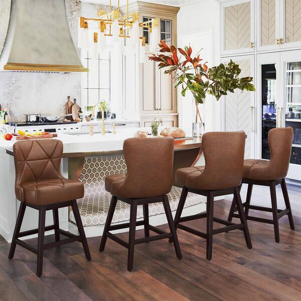 Zola 26 in. Dark Brown Wood Frame Counter Bar Stool Faux Leather Upholstered Swivel Bar Stool Set of 6