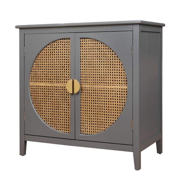 Unbranded 31.5 In. W X 14.96 In. D X 30.91 In. H Light Gray Linen Cabinet with Semicircular Elements, Natural Rattan Weaving