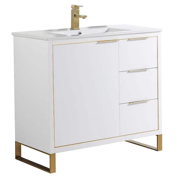 FINE FIXTURES Opulence 36 in. W x 18 in. D x 33.5 in H. Bath Vanity in White Matte with White Ceramic Top