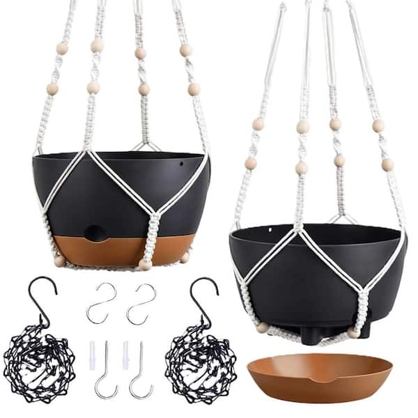 Hcman 2-Pack 10 in. Black Plastic Hanging Planters with Drainage, Self ...