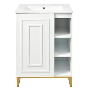 24inch White Bathroom Vanity Sink Combo for Small Space Modern Design with Ceramic Basin Gold Legs and Semi-open Storage