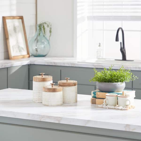 Litton Lane White Ceramic Decorative Jars with Wood Lids (Set of 3)