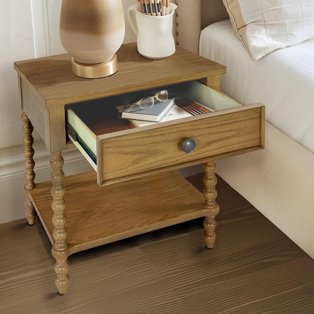 Natural Oak 1-Drawer Solid Wood Nightstand with Turned Legs