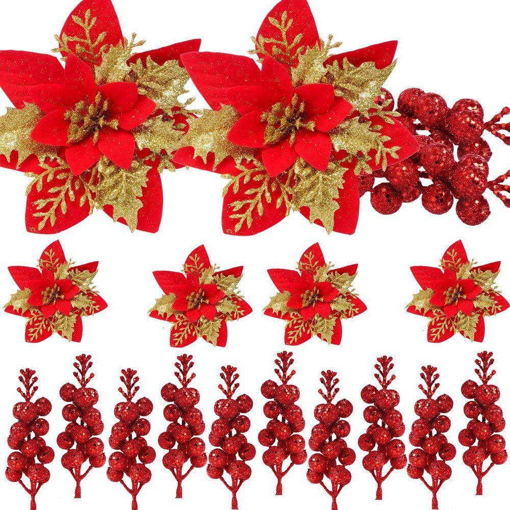 Poinsettia Series 2 in. Red Indoor Artificial Poinsettia Flowers LX0405 ...
