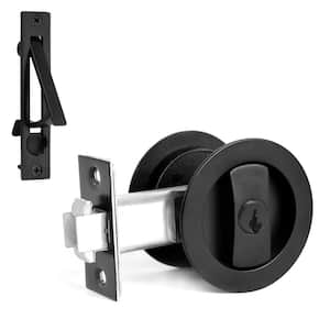 1-Pack Matte Black Round Pocket Door Lock with Edge Pull, Alloy Steel, 2 3/8'' Backset, Recessed 2-Sided