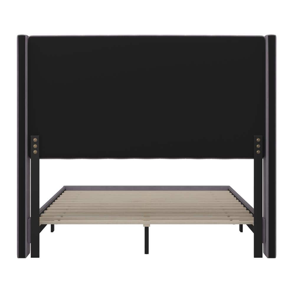 Rear view of the gray upholstered platform bed headboard.