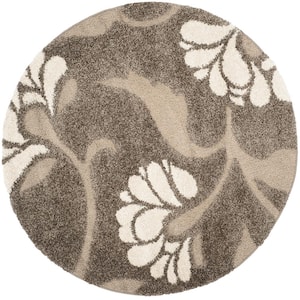 Florida Shag Smoke/Beige 4 ft. x 4 ft. Round Floral Solid Area Rug
